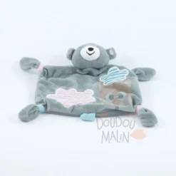 MGM Doudou Plat Ours Gris Bleu Rose Fleur