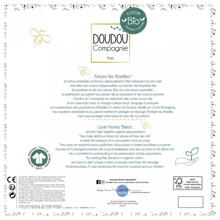 Doudou Et Compagnie - Pollen L'abeille Coton Bio - Grand Doudou 30 Cm 7 Doudou Et Compagnie - Pollen L'abeille Coton Bio - Grand Doudou 30 Cm – Image 5